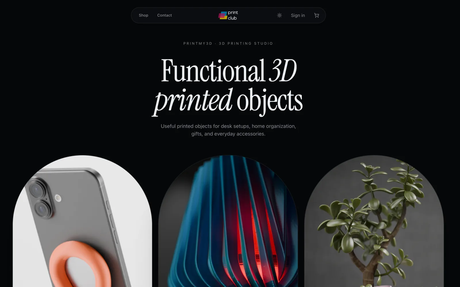 Print Club landing page for a 3D-printing studio.