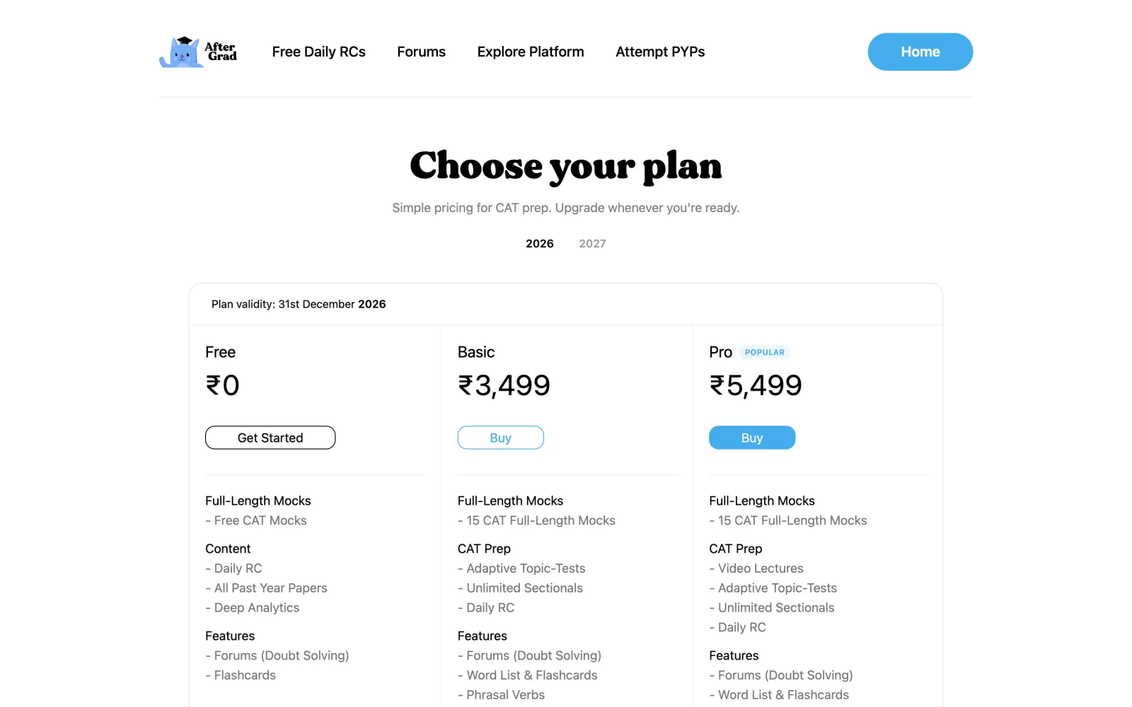 AfterGrad pricing page showing CAT preparation plans.